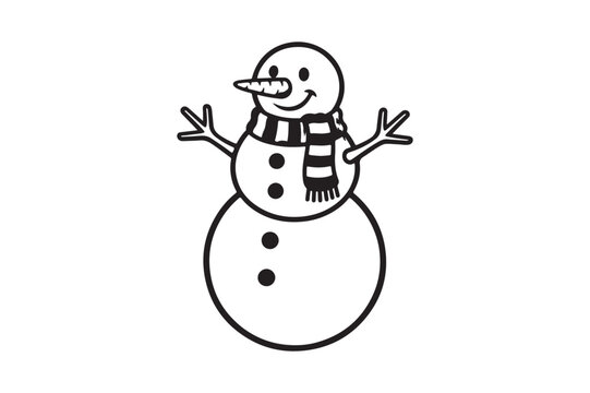 Black and White Snowman Illustration with Scarf and Stick Arms