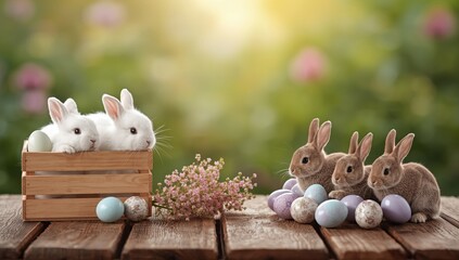 White rabbits in wooden crate with brown rabbits and pastel easter eggs on wooden table flowers