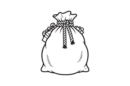 Black and White Santa Gift Sack Illustration with Rope Tie