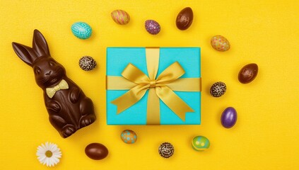 Chocolate Easter bunny and gift box with eggs on yellow background chocolate bunny Easter eggs