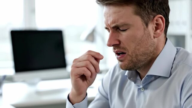 Man suffering from headache or sinus pain in office. Stressed male employee rubbing nose and temples. Work-related discomfort