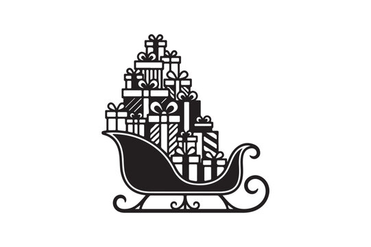 Black and White Christmas Sleigh Silhouette with Gift Boxes