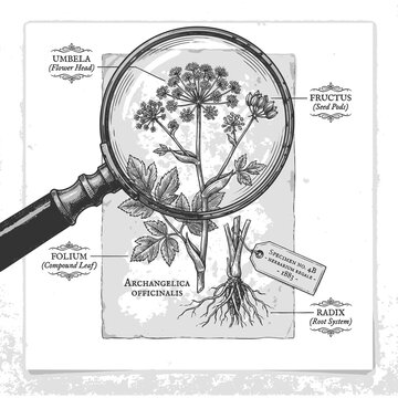Angelica officinalis under magnifying glass, inspired by 19th century herbarium studies sketch engraving generative ai raster illustration. Scratch board. Black and white image.