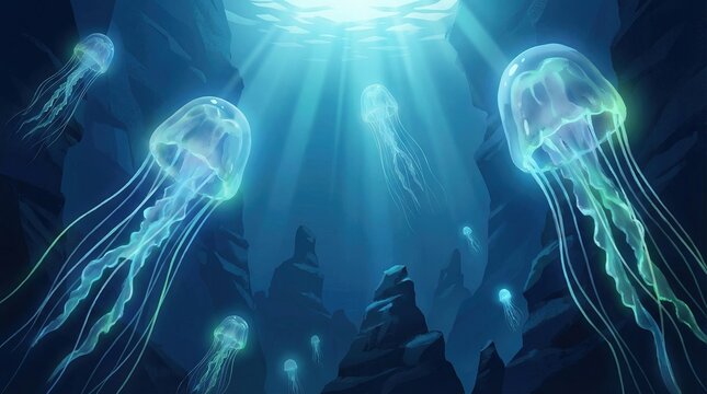 Deadly box jellyfish floating in dark deep waters, luminous ocean creatures swimming in mysterious underwater cave with light rays reflecting from above, danger and warning concept