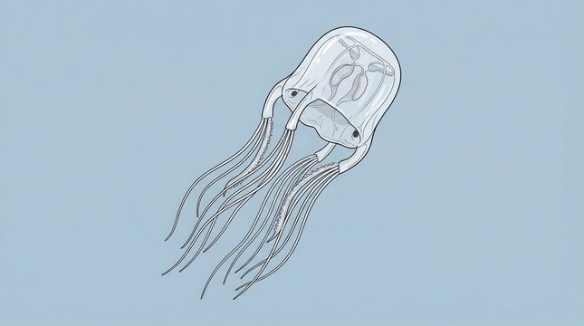 Box jellyfish with cube shaped bell and long translucent tentacles, highly venomous marine invertebrate found in tropical and subtropical waters, hazard to swimmers and ecosystems