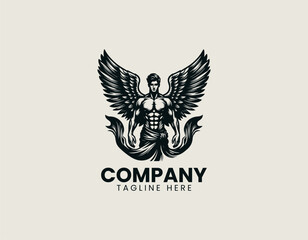 Obraz premium Muscular winged angel black vector logo illustration