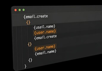 Computer screen displays complex lines of dark-themed code with nested curly braces and data placeholders.