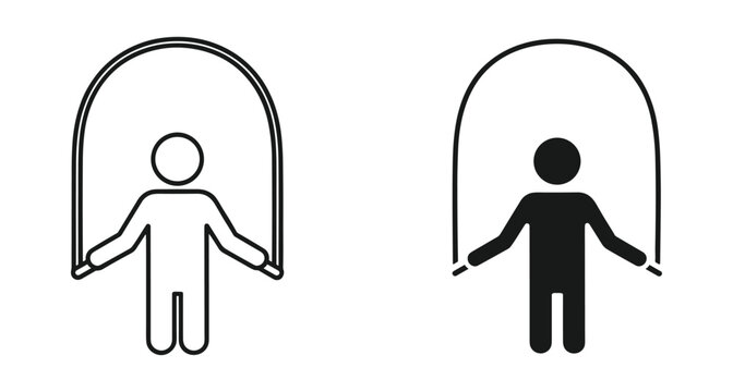 Two simple icons representing a person skipping rope for fitness and cardio exercise