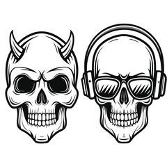 Fototapeta premium Hand Drawn Style Illustration of Three Human Skulls in Monochrome Black and White