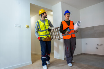 Two construction workers entering an apartment with a ladder and blueprint for renovation.