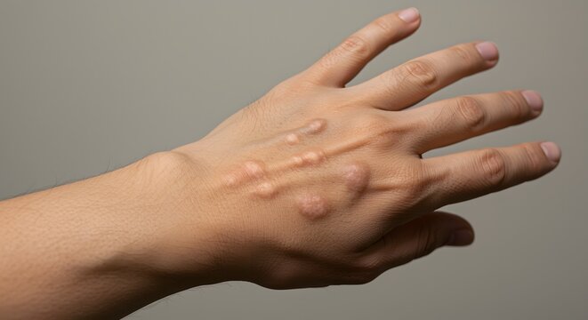 Closeup view of a human hand showing visible scars and raised skin tissue on the dorsal side