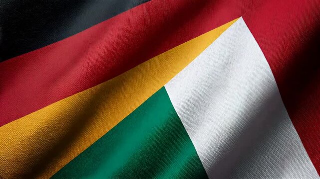 german and italien flag waving together. relations between germany and italy. friendship partnership european union