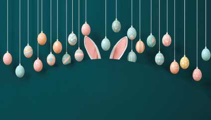 Easter bunny ears with hanging colorful eggs on dark teal background with Happy Easter text