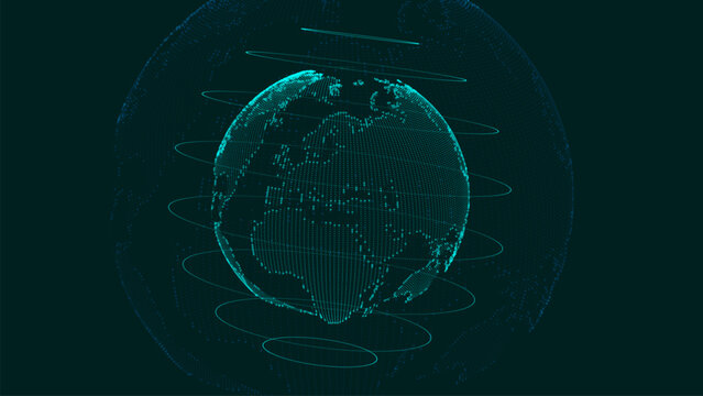 A digital model of the Earth, assembled from glowing dots and lines. The image symbolizes the unity of the world, technology, and the future of digital civilization.