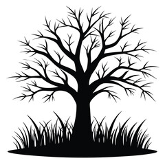 Obraz premium monochrome silhouette leafless tree with grass silhouette line art vector illustration with a white background