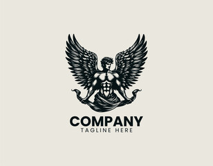 Obraz premium Muscular winged angel black vector logo illustration