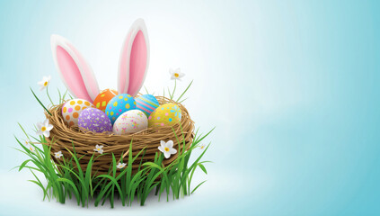 Easter bunny ears in nest with colorful eggs and flowers on grass
