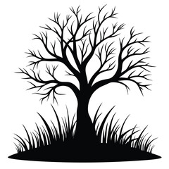 Obraz premium monochrome silhouette leafless tree with grass silhouette line art vector illustration with a white background