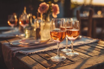Naklejka premium Rosé wine glasses on rustic table during sunset celebration