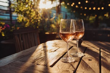 Naklejka premium Rosé wine glasses on wooden table at sunset
