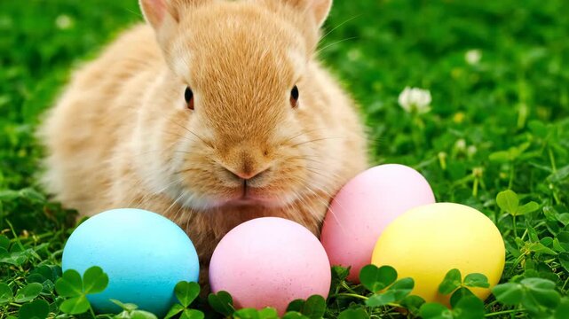 Brown rabbit sitting in grass with colorful Easter eggs. Bunny sniffing painted eggs in a spring meadow