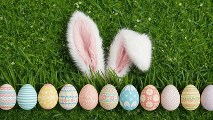 Easter bunny ears and decorated eggs on green grass with small white flowers