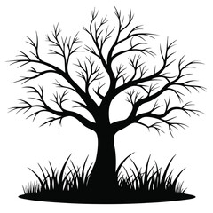 Obraz premium monochrome silhouette leafless tree with grass silhouette line art vector illustration with a white background