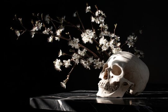 Skull and blooming cherry blossoms depicting memento mori concept