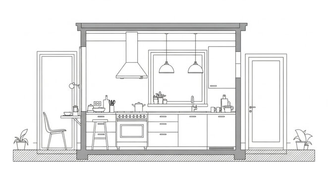 Architectural cross section of a modern kitchen interior design.