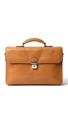 Tan leather briefcase with silver clasp and handle on a white background