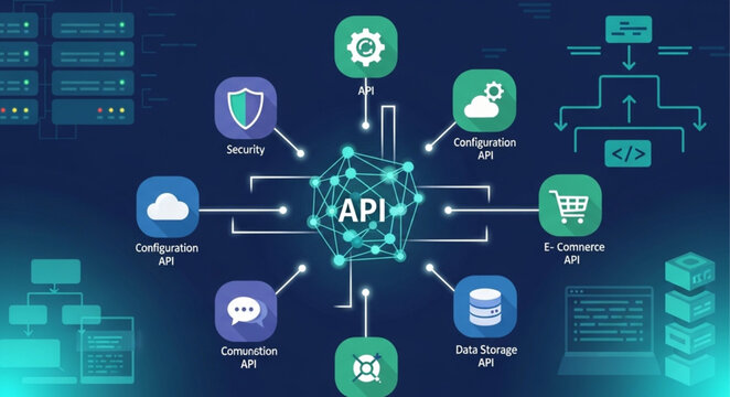 API concept diagram with connected services and icons.