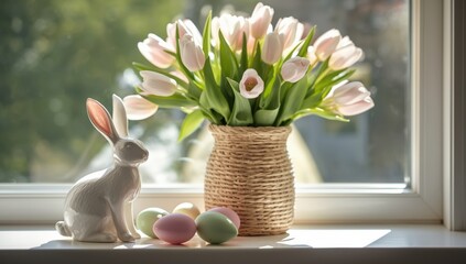 White ceramic Easter bunny with pink ears on windowsill with pink and green eggs pastel tulips in wicker vase