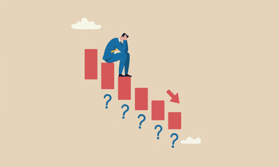 Economic recessi Coronavirus pandemic concept, unemployed businessman investor or business owner sitting on falling down bar graph, red.
