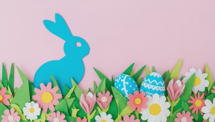 Blue Easter bunny silhouette with decorated eggs and colorful flowers in grass