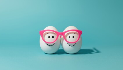 Two white eggs with pink glasses and smiling faces on teal background cartoon eyes