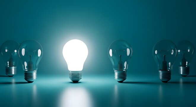 One glowing light bulb standing out from dimmed bulbs in a row