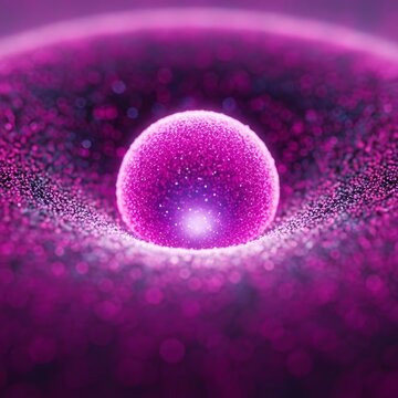 Vibrant glowing purple sphere is surrounded by shimmering particles, creating an abstract cosmic well effect.