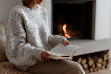 Cozy reading by the crackling fire in a warm living room