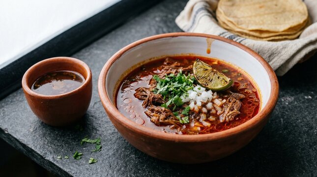 Authentic Beef Birria Stew in Clay Bowl with Consome
