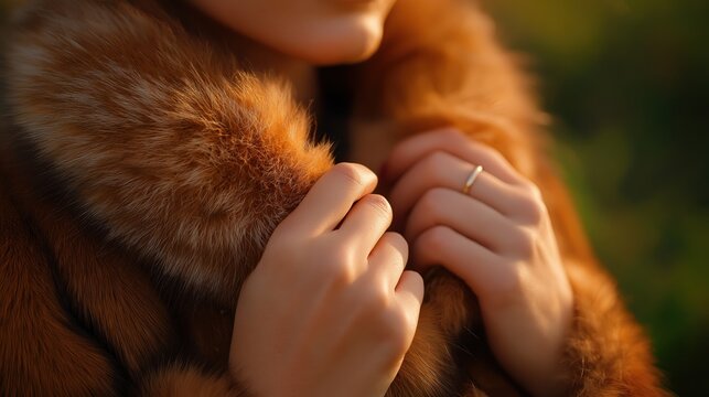 Woman wearing fur coat and holding collar in outdoor setting  