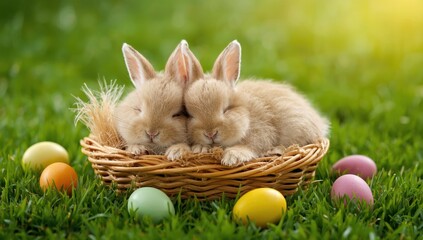 Two light brown baby bunnies sleeping in a small wicker basket on green grass surrounded by colorful Easter eggs