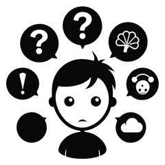 Obraz premium Upset cartoon boy is surrounded by questions, a flower, and various symbols