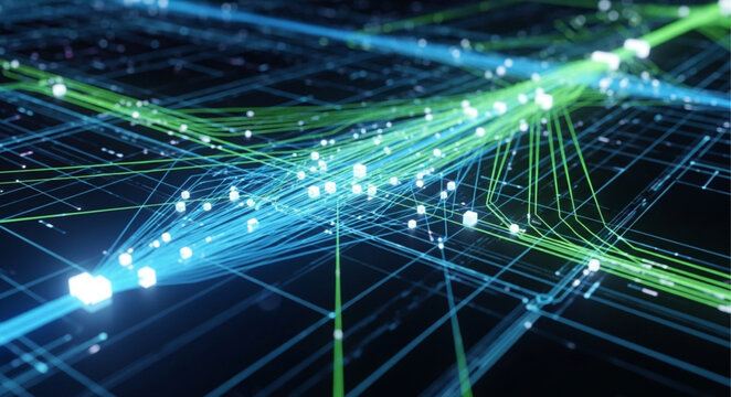 Abstract network of glowing digital connections and data streams.