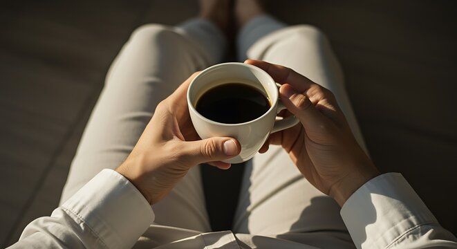 person sitting and holding a cup of coffee in their hands