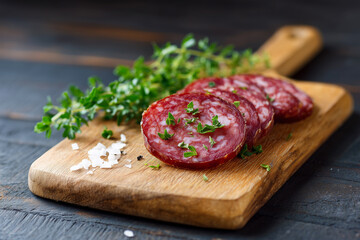 Sliced cured meats with fresh herbs on wooden cutting board