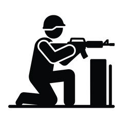 Obraz premium Black silhouette of soldier in uniform kneeling while holding a rifle for defense