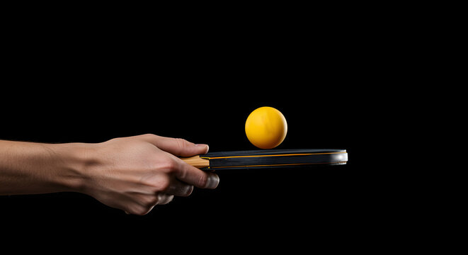 Closeup of a human hand holding a ping pong paddle with a yellow ball balanced on it