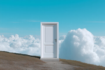 Mystical door standing alone in a sky filled with soft clouds
