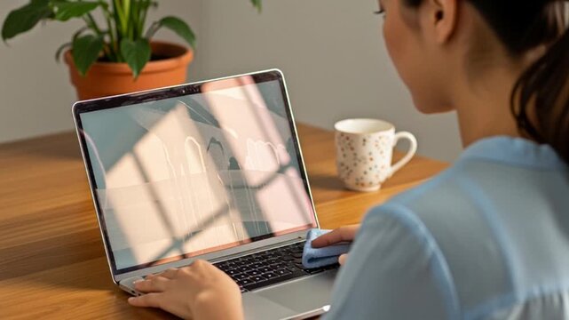 Woman cleaning laptop screen with microfiber cloth, home office, hygiene, technology