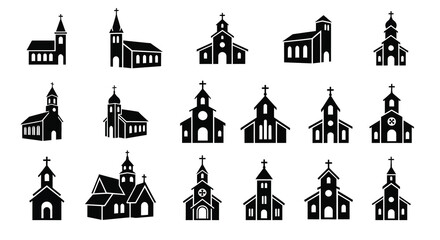 Collection of various church building designs in black silhouette © DELRUBA